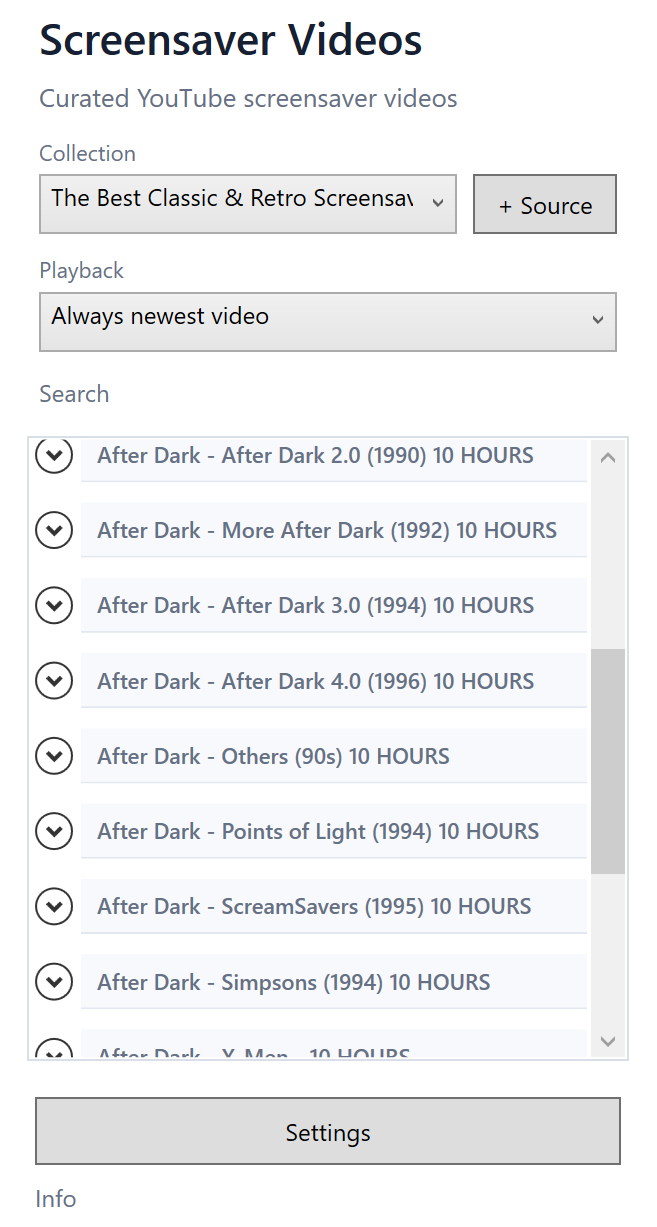Screensaver Video Player catalog list with retro screensaver collections and playback selection