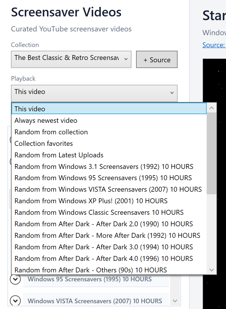 Screensaver Video Player playback mode menu with options for newest video, random collection, and favorites