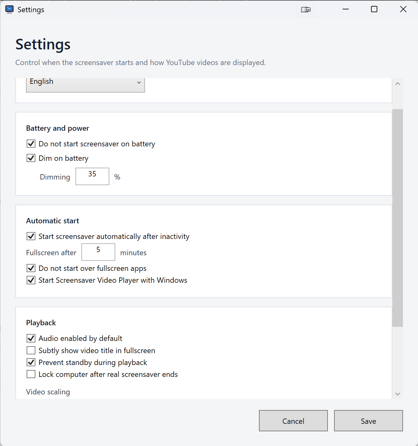 Screensaver Video Player settings window with battery, automatic start, audio, standby, and lock options
