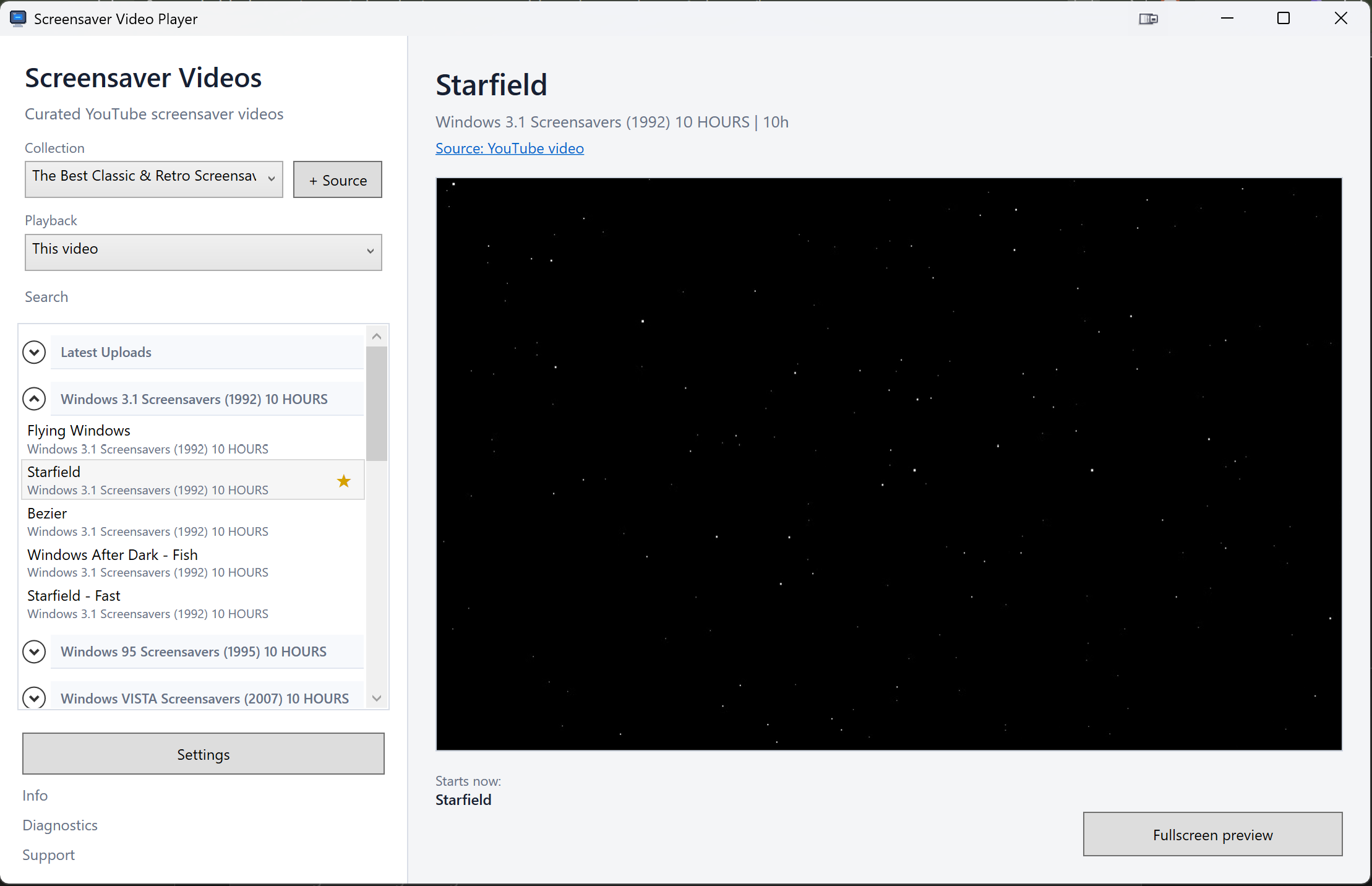 Screensaver Video Player showing a Starfield video selected from the Windows 3.1 screensaver collection